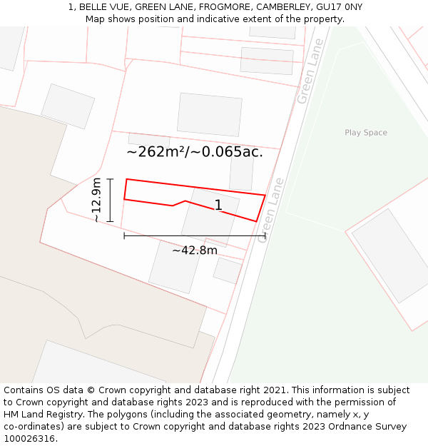 1, BELLE VUE, GREEN LANE, FROGMORE, CAMBERLEY, GU17 0NY: Plot and title map