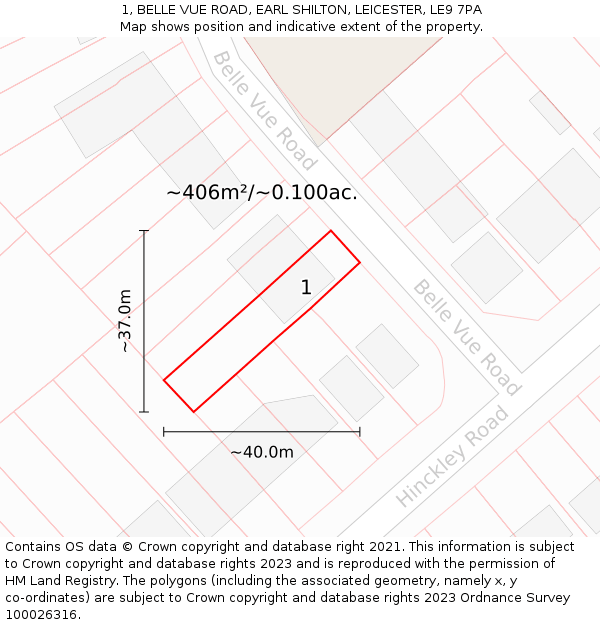 1, BELLE VUE ROAD, EARL SHILTON, LEICESTER, LE9 7PA: Plot and title map