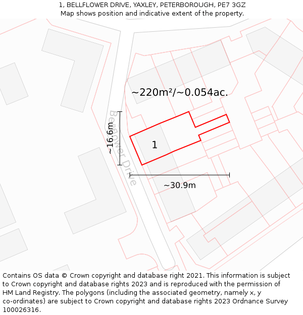 1, BELLFLOWER DRIVE, YAXLEY, PETERBOROUGH, PE7 3GZ: Plot and title map