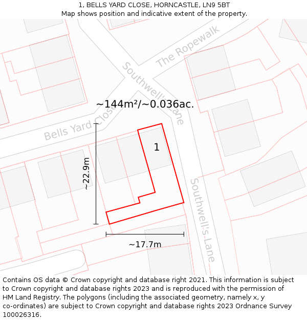 1, BELLS YARD CLOSE, HORNCASTLE, LN9 5BT: Plot and title map