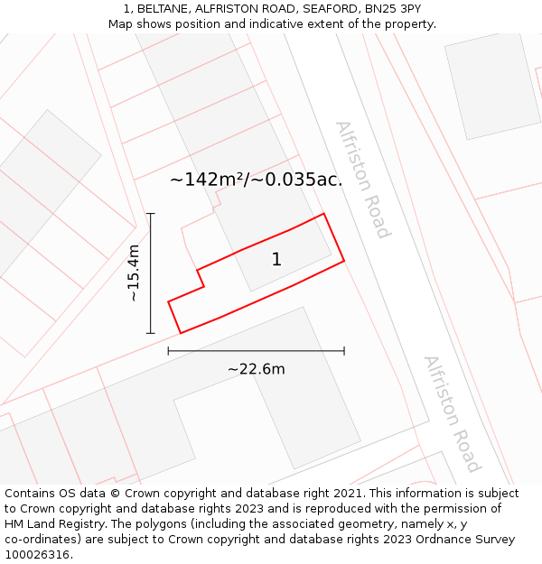1, BELTANE, ALFRISTON ROAD, SEAFORD, BN25 3PY: Plot and title map