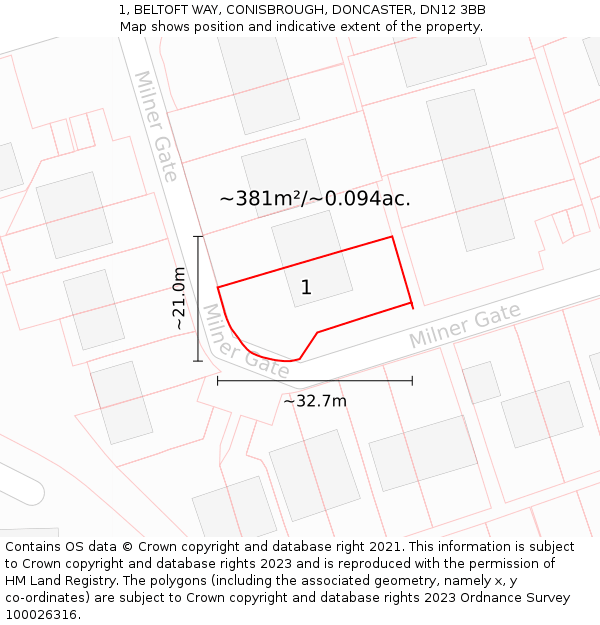 1, BELTOFT WAY, CONISBROUGH, DONCASTER, DN12 3BB: Plot and title map