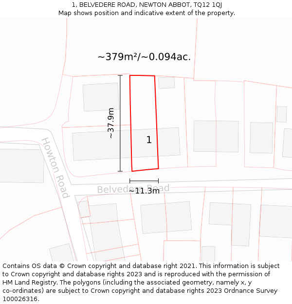 1, BELVEDERE ROAD, NEWTON ABBOT, TQ12 1QJ: Plot and title map
