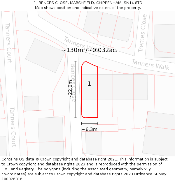 1, BENCES CLOSE, MARSHFIELD, CHIPPENHAM, SN14 8TD: Plot and title map