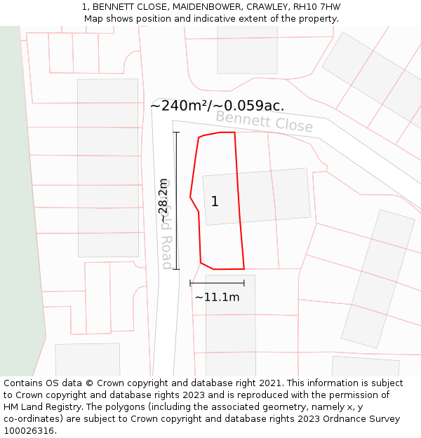 1, BENNETT CLOSE, MAIDENBOWER, CRAWLEY, RH10 7HW: Plot and title map