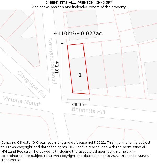 1, BENNETTS HILL, PRENTON, CH43 5RY: Plot and title map