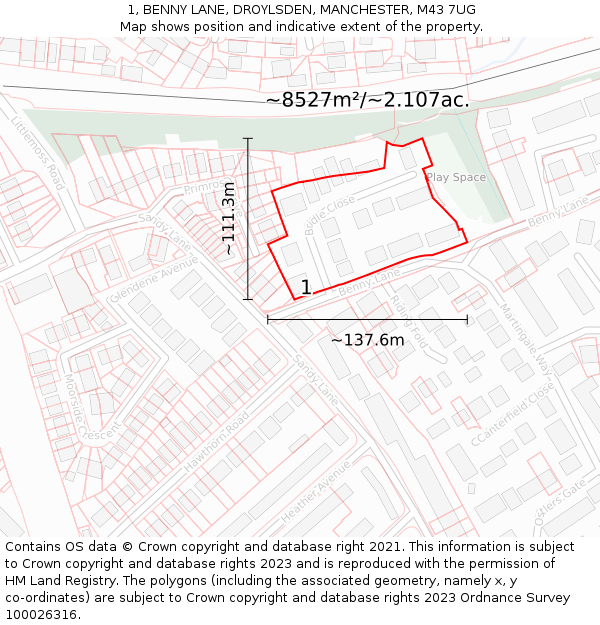 1, BENNY LANE, DROYLSDEN, MANCHESTER, M43 7UG: Plot and title map