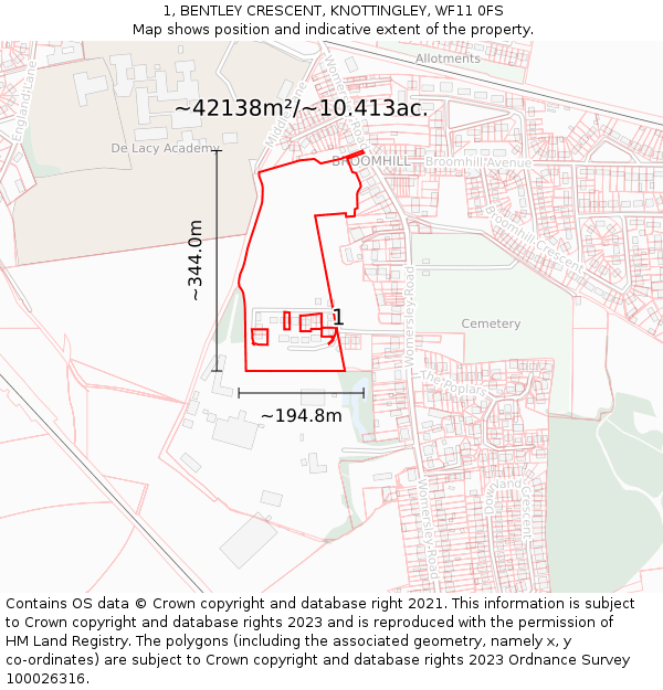 1, BENTLEY CRESCENT, KNOTTINGLEY, WF11 0FS: Plot and title map