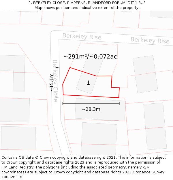1, BERKELEY CLOSE, PIMPERNE, BLANDFORD FORUM, DT11 8UF: Plot and title map