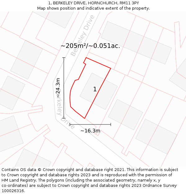 1, BERKELEY DRIVE, HORNCHURCH, RM11 3PY: Plot and title map