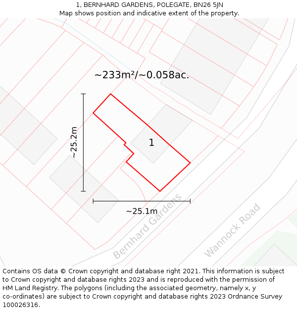 1, BERNHARD GARDENS, POLEGATE, BN26 5JN: Plot and title map
