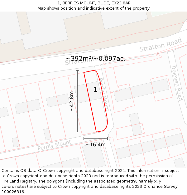 1, BERRIES MOUNT, BUDE, EX23 8AP: Plot and title map