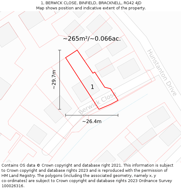 1, BERWICK CLOSE, BINFIELD, BRACKNELL, RG42 4JD: Plot and title map