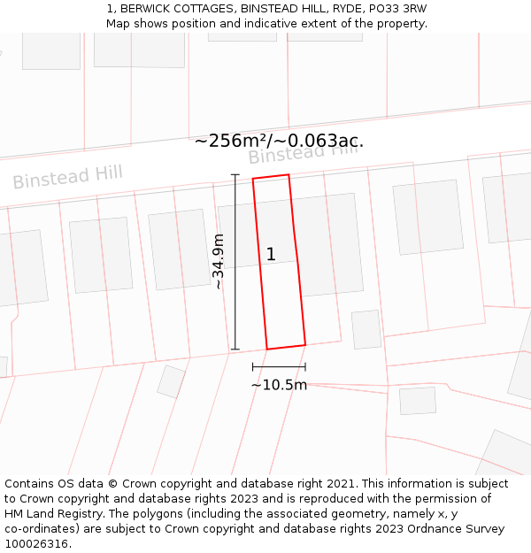 1, BERWICK COTTAGES, BINSTEAD HILL, RYDE, PO33 3RW: Plot and title map