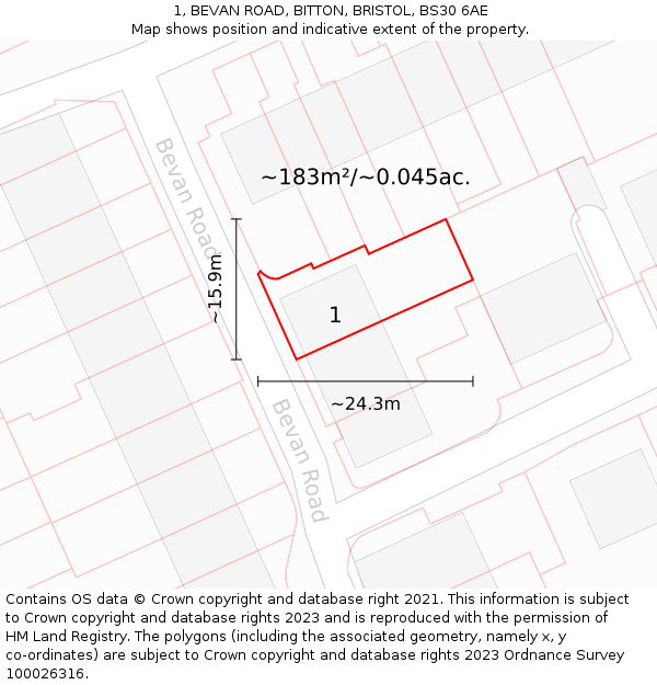 1, BEVAN ROAD, BITTON, BRISTOL, BS30 6AE: Plot and title map