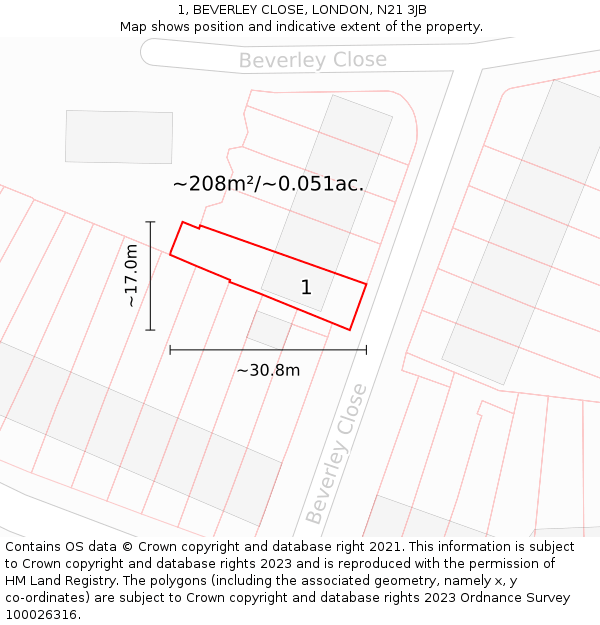 1, BEVERLEY CLOSE, LONDON, N21 3JB: Plot and title map