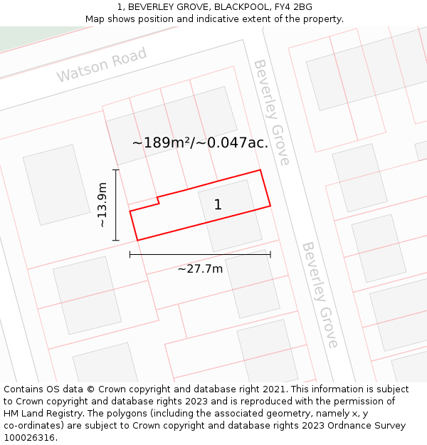 1, BEVERLEY GROVE, BLACKPOOL, FY4 2BG: Plot and title map