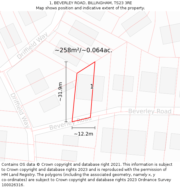 1, BEVERLEY ROAD, BILLINGHAM, TS23 3RE: Plot and title map