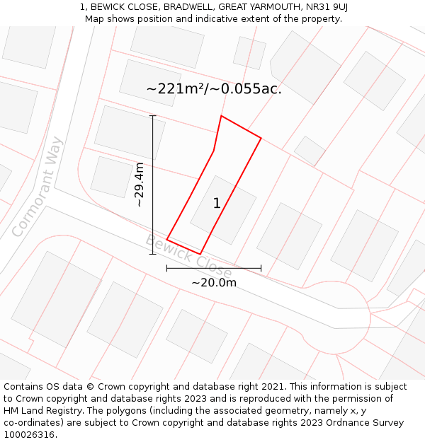 1, BEWICK CLOSE, BRADWELL, GREAT YARMOUTH, NR31 9UJ: Plot and title map