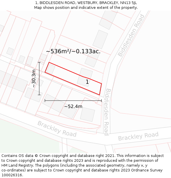 1, BIDDLESDEN ROAD, WESTBURY, BRACKLEY, NN13 5JL: Plot and title map