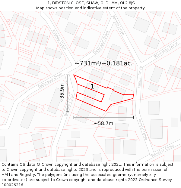 1, BIDSTON CLOSE, SHAW, OLDHAM, OL2 8JS: Plot and title map