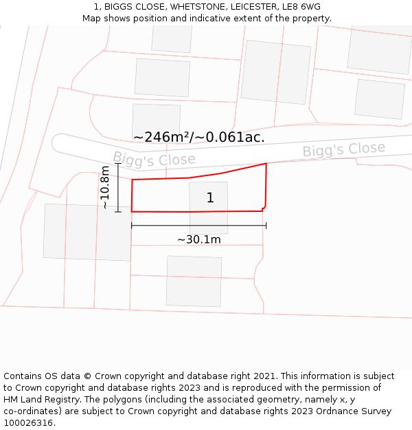 1, BIGGS CLOSE, WHETSTONE, LEICESTER, LE8 6WG: Plot and title map