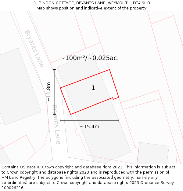 1, BINDON COTTAGE, BRYANTS LANE, WEYMOUTH, DT4 9HB: Plot and title map