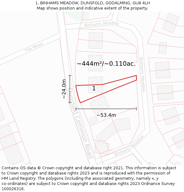 1, BINHAMS MEADOW, DUNSFOLD, GODALMING, GU8 4LH: Plot and title map