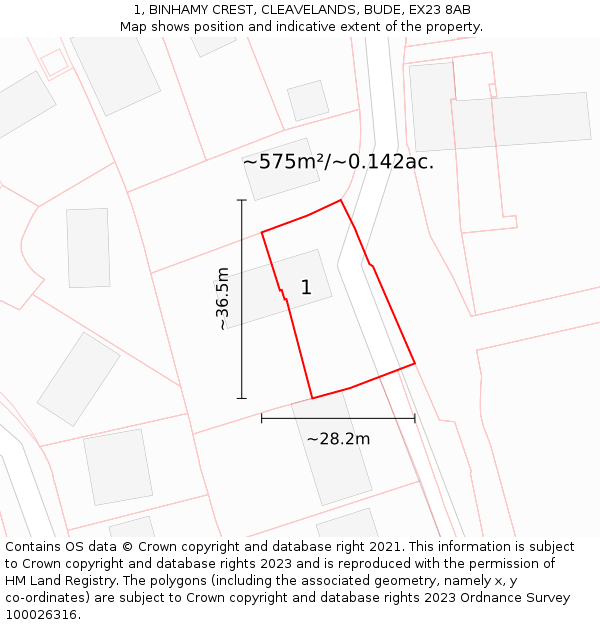 1, BINHAMY CREST, CLEAVELANDS, BUDE, EX23 8AB: Plot and title map