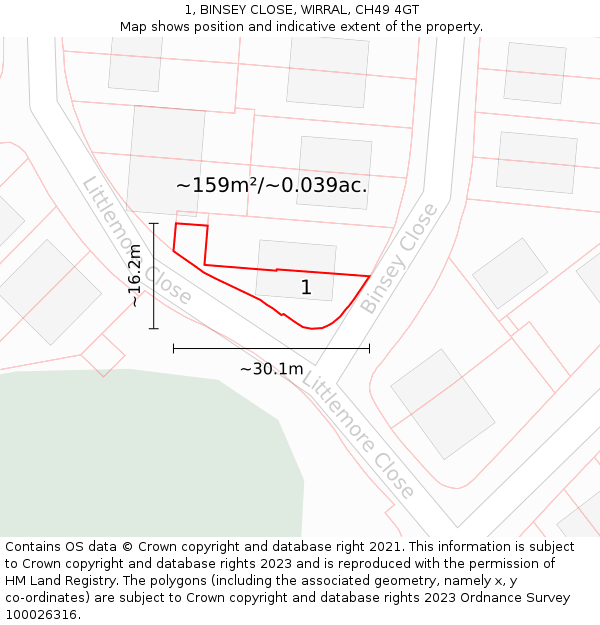 1, BINSEY CLOSE, WIRRAL, CH49 4GT: Plot and title map