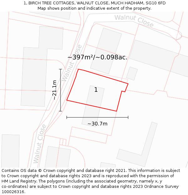 1, BIRCH TREE COTTAGES, WALNUT CLOSE, MUCH HADHAM, SG10 6FD: Plot and title map