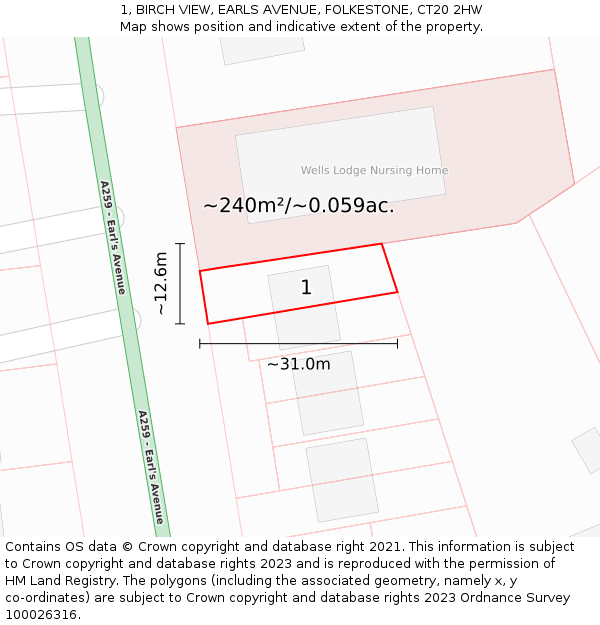 1, BIRCH VIEW, EARLS AVENUE, FOLKESTONE, CT20 2HW: Plot and title map