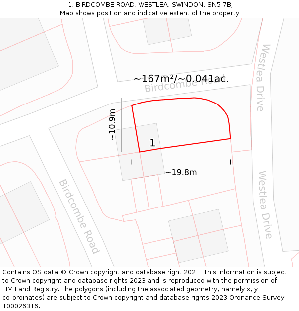 1, BIRDCOMBE ROAD, WESTLEA, SWINDON, SN5 7BJ: Plot and title map