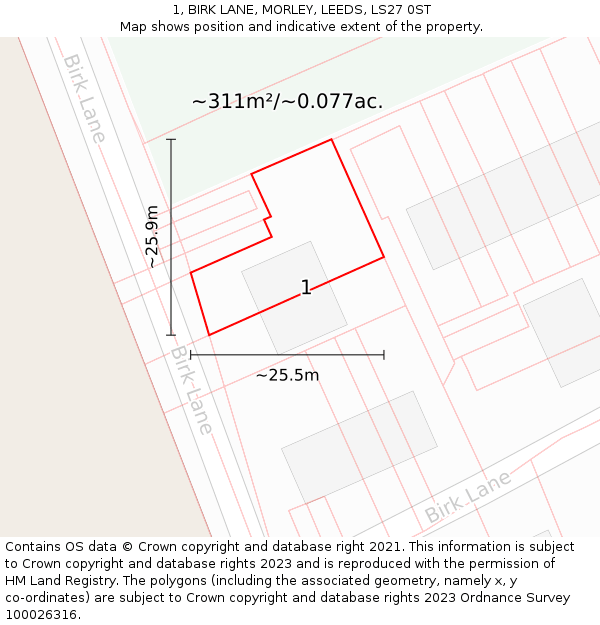 1, BIRK LANE, MORLEY, LEEDS, LS27 0ST: Plot and title map