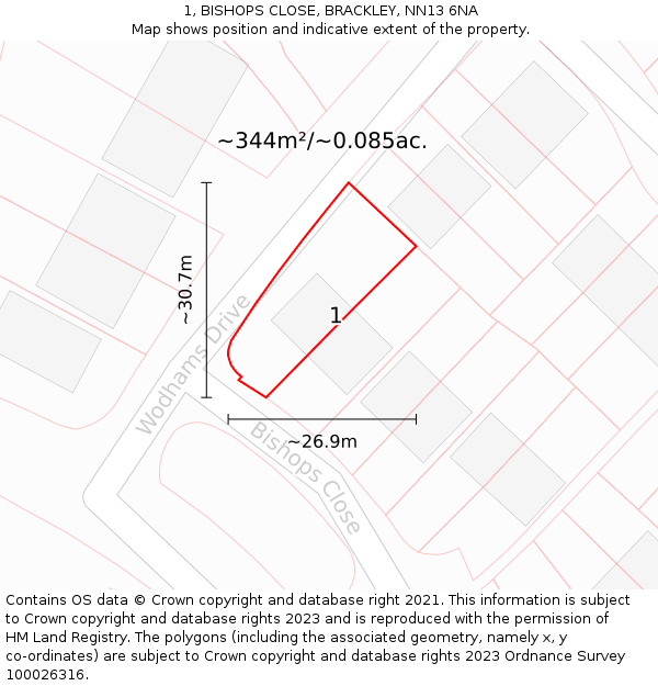 1, BISHOPS CLOSE, BRACKLEY, NN13 6NA: Plot and title map