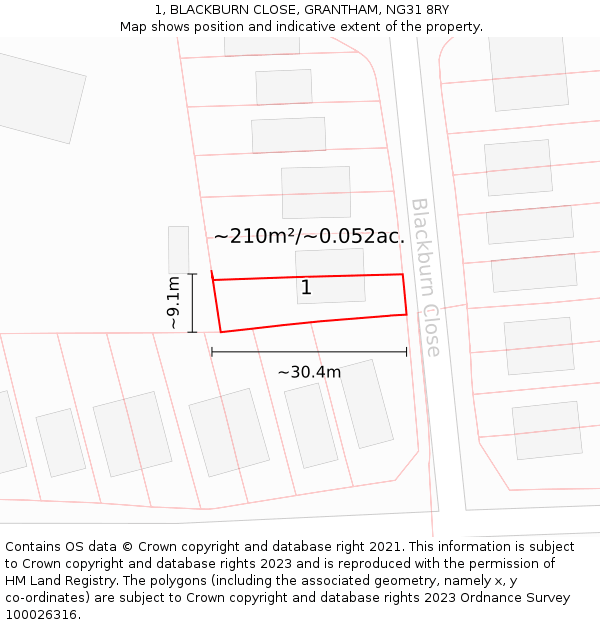 1, BLACKBURN CLOSE, GRANTHAM, NG31 8RY: Plot and title map