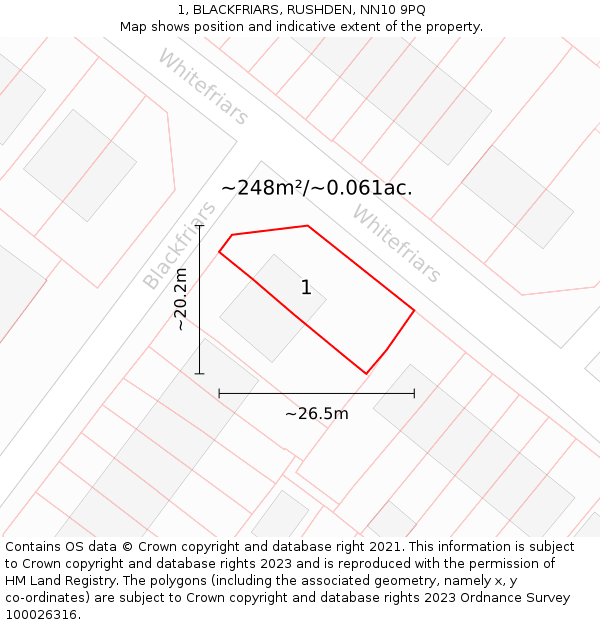 1, BLACKFRIARS, RUSHDEN, NN10 9PQ: Plot and title map