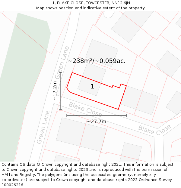 1, BLAKE CLOSE, TOWCESTER, NN12 6JN: Plot and title map
