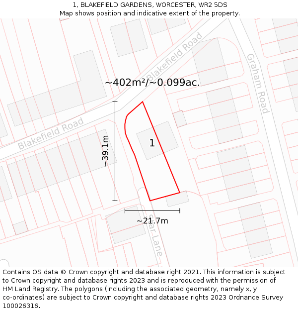 1, BLAKEFIELD GARDENS, WORCESTER, WR2 5DS: Plot and title map