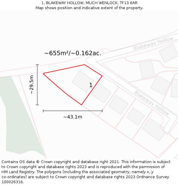 1, BLAKEWAY HOLLOW, MUCH WENLOCK, TF13 6AR: Plot and title map