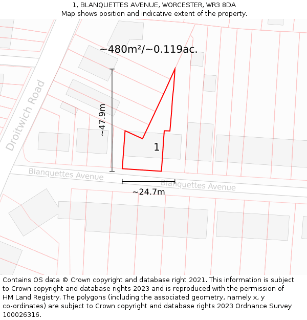 1, BLANQUETTES AVENUE, WORCESTER, WR3 8DA: Plot and title map