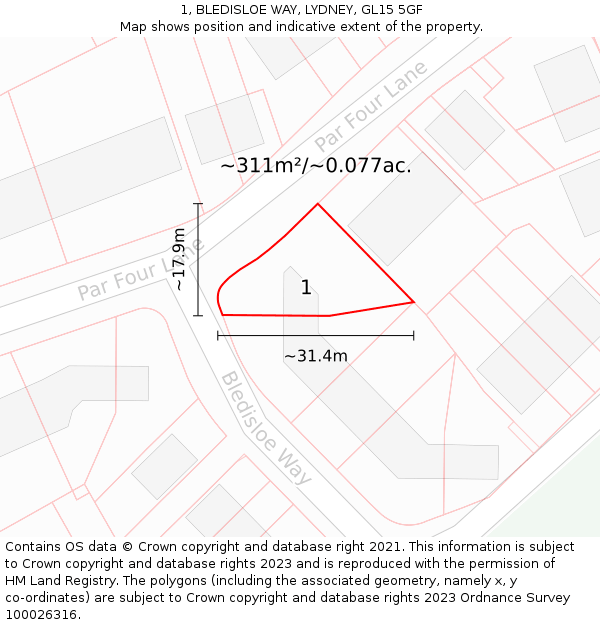 1, BLEDISLOE WAY, LYDNEY, GL15 5GF: Plot and title map