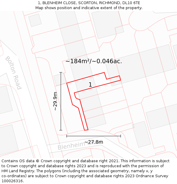 1, BLENHEIM CLOSE, SCORTON, RICHMOND, DL10 6TE: Plot and title map