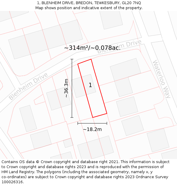 1, BLENHEIM DRIVE, BREDON, TEWKESBURY, GL20 7NQ: Plot and title map