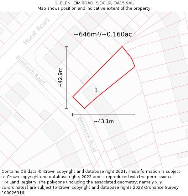 1, BLENHEIM ROAD, SIDCUP, DA15 9AU: Plot and title map