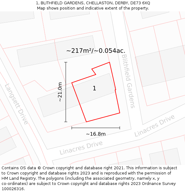 1, BLITHFIELD GARDENS, CHELLASTON, DERBY, DE73 6XQ: Plot and title map