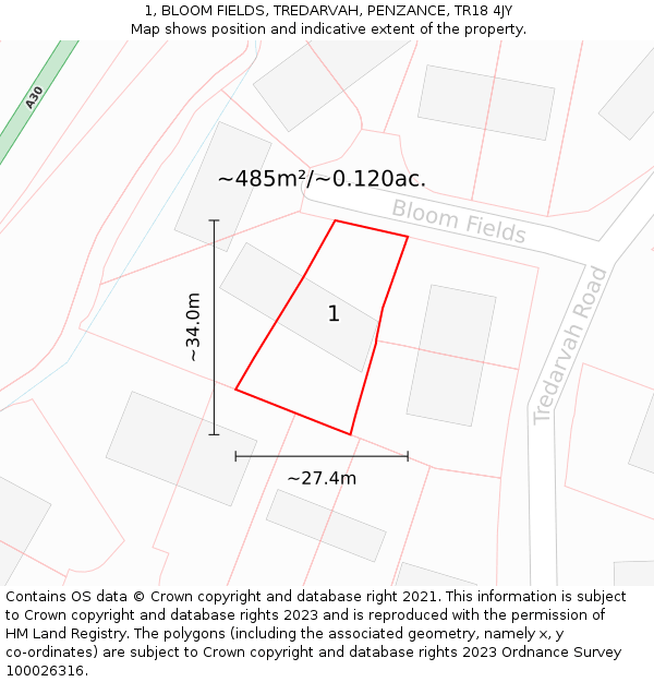 1, BLOOM FIELDS, TREDARVAH, PENZANCE, TR18 4JY: Plot and title map