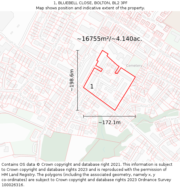 1, BLUEBELL CLOSE, BOLTON, BL2 3PF: Plot and title map