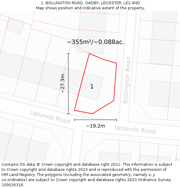 1, BOLLINGTON ROAD, OADBY, LEICESTER, LE2 4ND: Plot and title map
