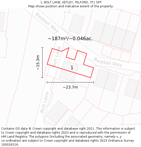 1, BOLT LANE, KETLEY, TELFORD, TF1 5FP: Plot and title map